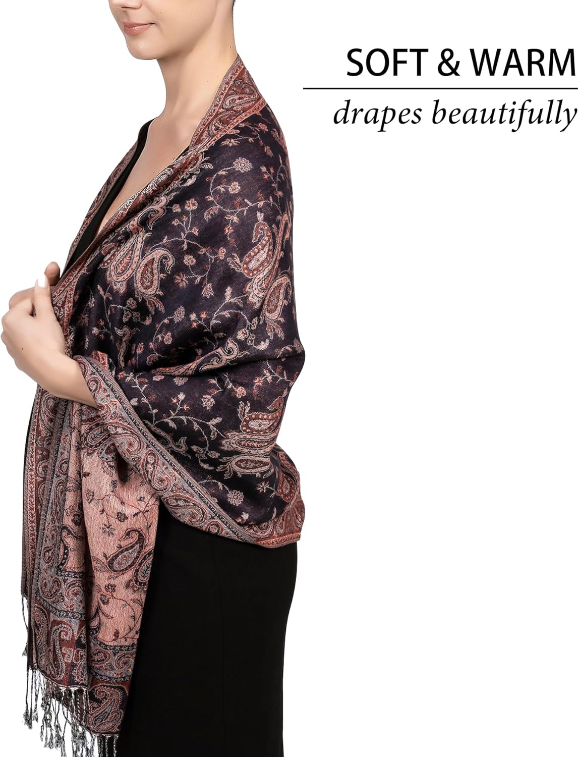 Achillea Reversible Paisley Pashmina Rave Scarf – Exotic Indian Shawls and Wraps for Evening Dresses, Festivals, All Seasons - Colors A