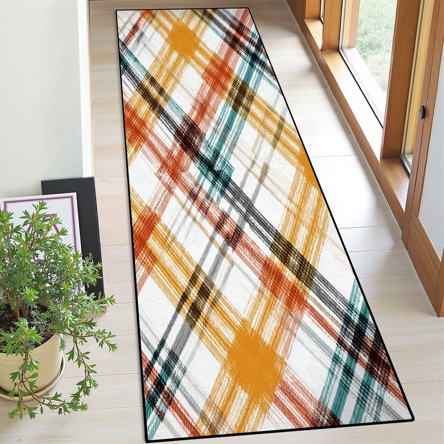 Runner Rug Washable 2x6 White Navy Blue Green Tartan Plaid Scottish Texture from Tartan Plaid Non-Slip Hallway Area Rug Indoor Outdoor Home Decor for Entryway Bathroom Kitchen Carpet Yoga Floor Mat