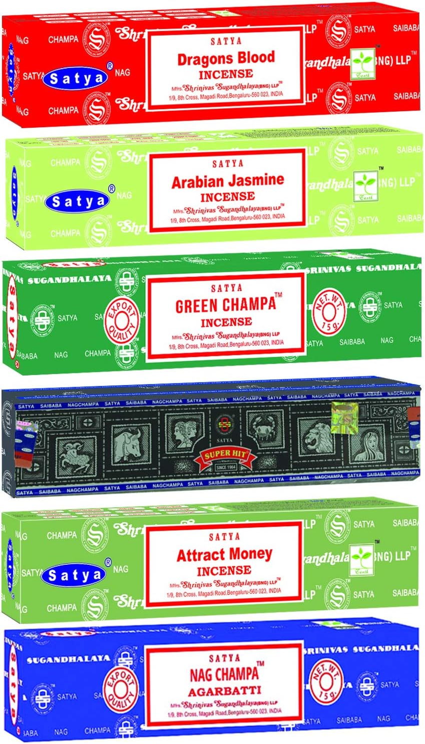 Satya Incense Gift Set Nag Champa, Super hit, Dragon's Blood, Sandalwood, Patchouli, Lavender, Positive Vibes, 15 g