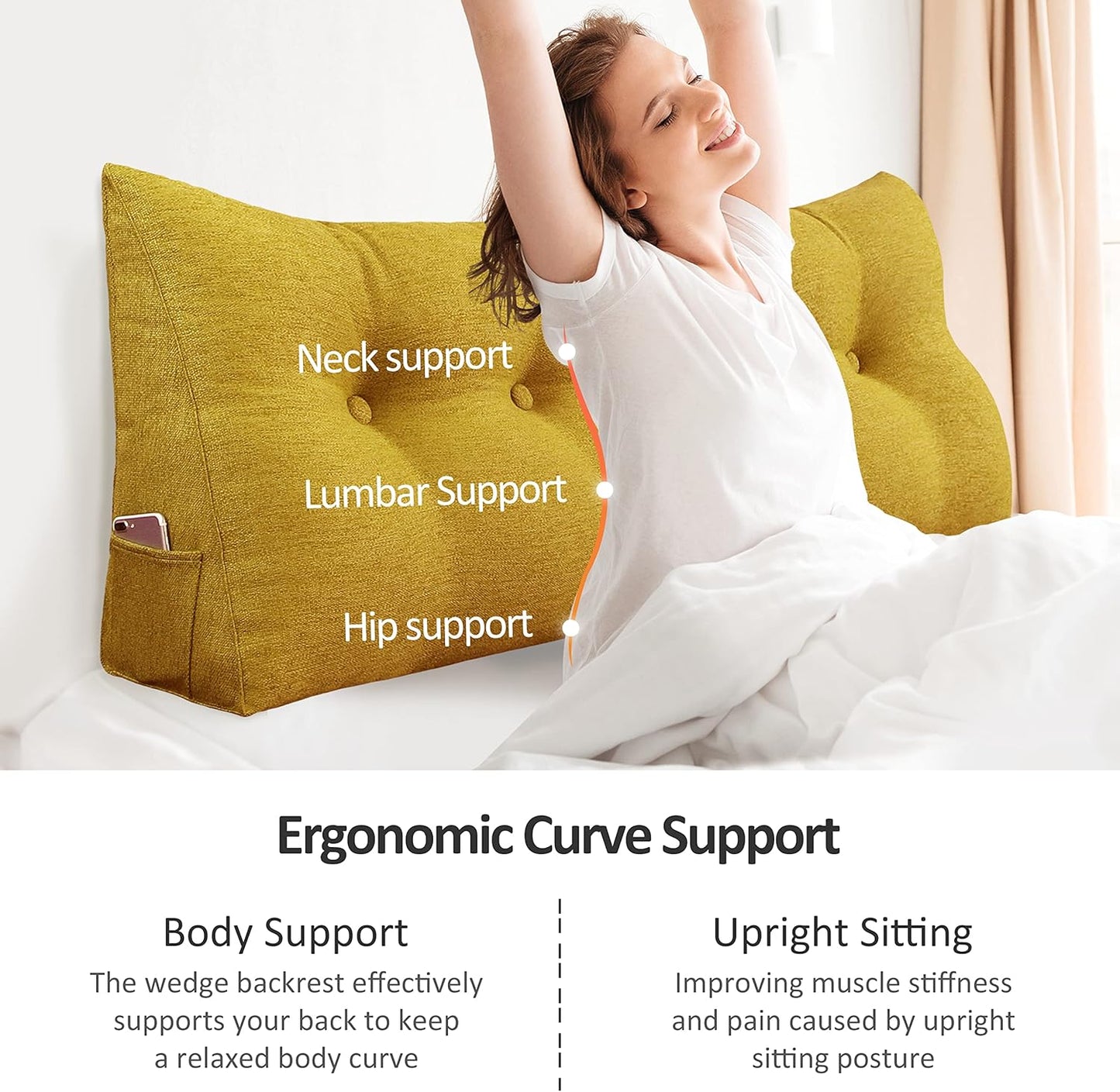 Cotton Linen Daybed Pillow Large Filled Triangular Soft Headboard Wedge Cushion Bed Backrest Positioning Support Reading Pillow for Adult Shoulder Lumbar Leg Bolster（Yellow, Small）
