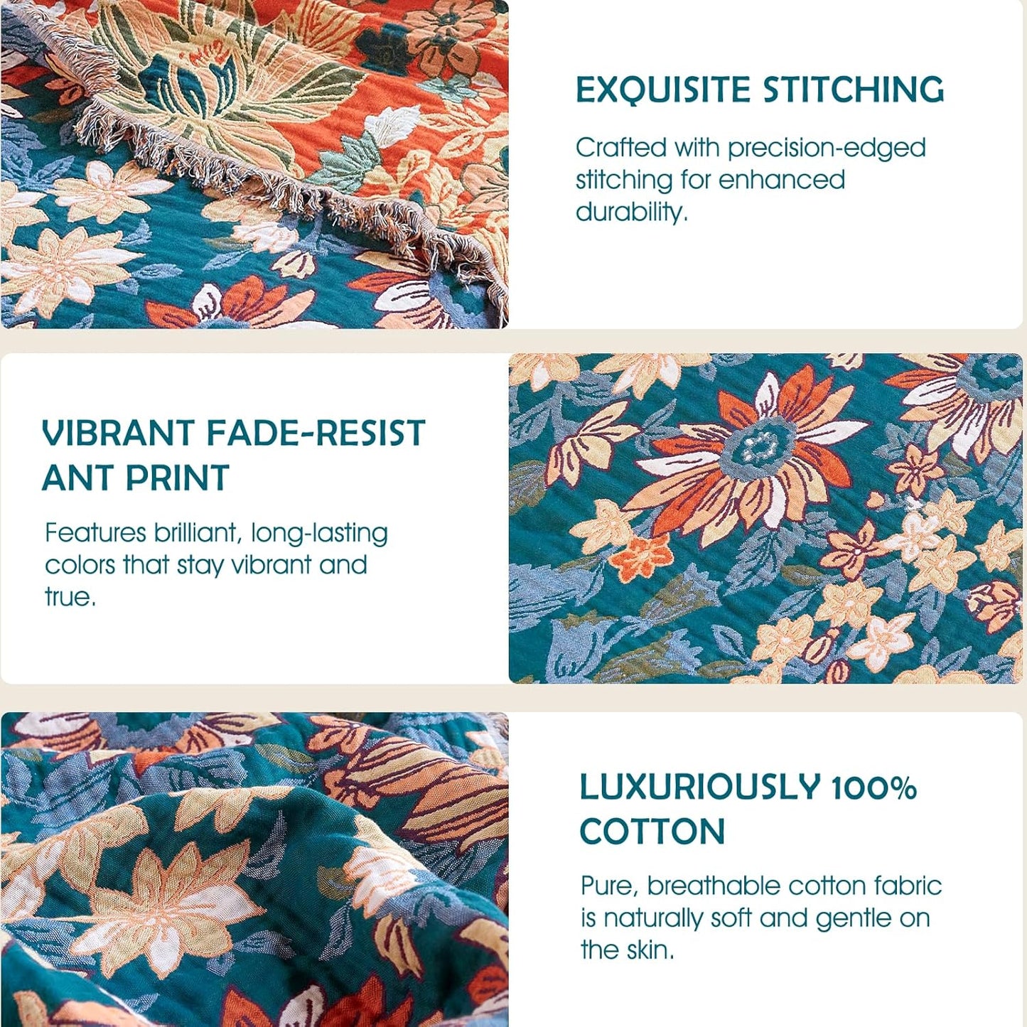 Boho Throw Blanket - 100% Cotton Soft Summer Throw Blanket for Bed, 50"x60" Reversible Breathable Lightweight Blankets, All Seasons Farmhouse Decor Floral Plant Butterfly Throw Quilt