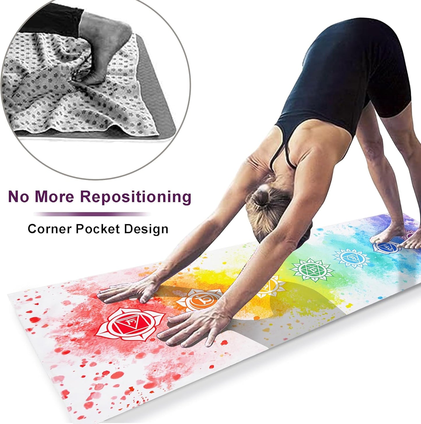 Yoga Mat Towel with Corner Pockets - Microfiber Yoga Towels for Hot Yoga Non Slip Moisture Wicking Sweat Absorbent, Tree of Life Yoga Towel Easy for Travel, Use in Hot Yoga,Bikram,Pilates and Fitness