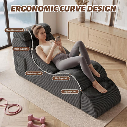 Yoga Chair Lounge for Adult, Ergonomic Foam Chaise Lounge Chair Indoor with Side Pocket, Headrest, Waist Pad, Ottoman, Perfect for Stretching, Massage, and Relaxation, No Assembly Required(Black)