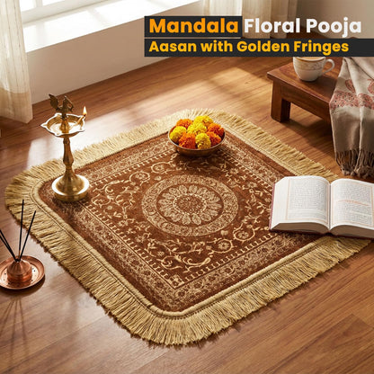 Soft Chenille Prayer Mat | Traditional Mandala Floral Pooja Aasan with Golden Fringes | Multipurpose Square Rug for Meditation, Yoga, Puja Room & Home (Red, 2x2 Feet)