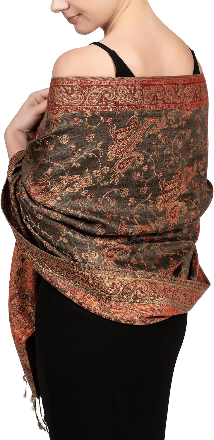 Achillea Reversible Paisley Pashmina Rave Scarf – Exotic Indian Shawls and Wraps for Evening Dresses, Festivals, All Seasons - Colors B