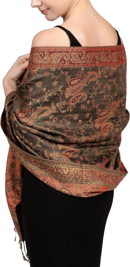 Achillea Reversible Paisley Pashmina Rave Scarf – Exotic Indian Shawls and Wraps for Evening Dresses, Festivals, All Seasons - Colors B