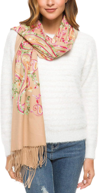 Urban CoCo Women's Embroidered Oversize Tassel Shawl Scarf Wraps for Women