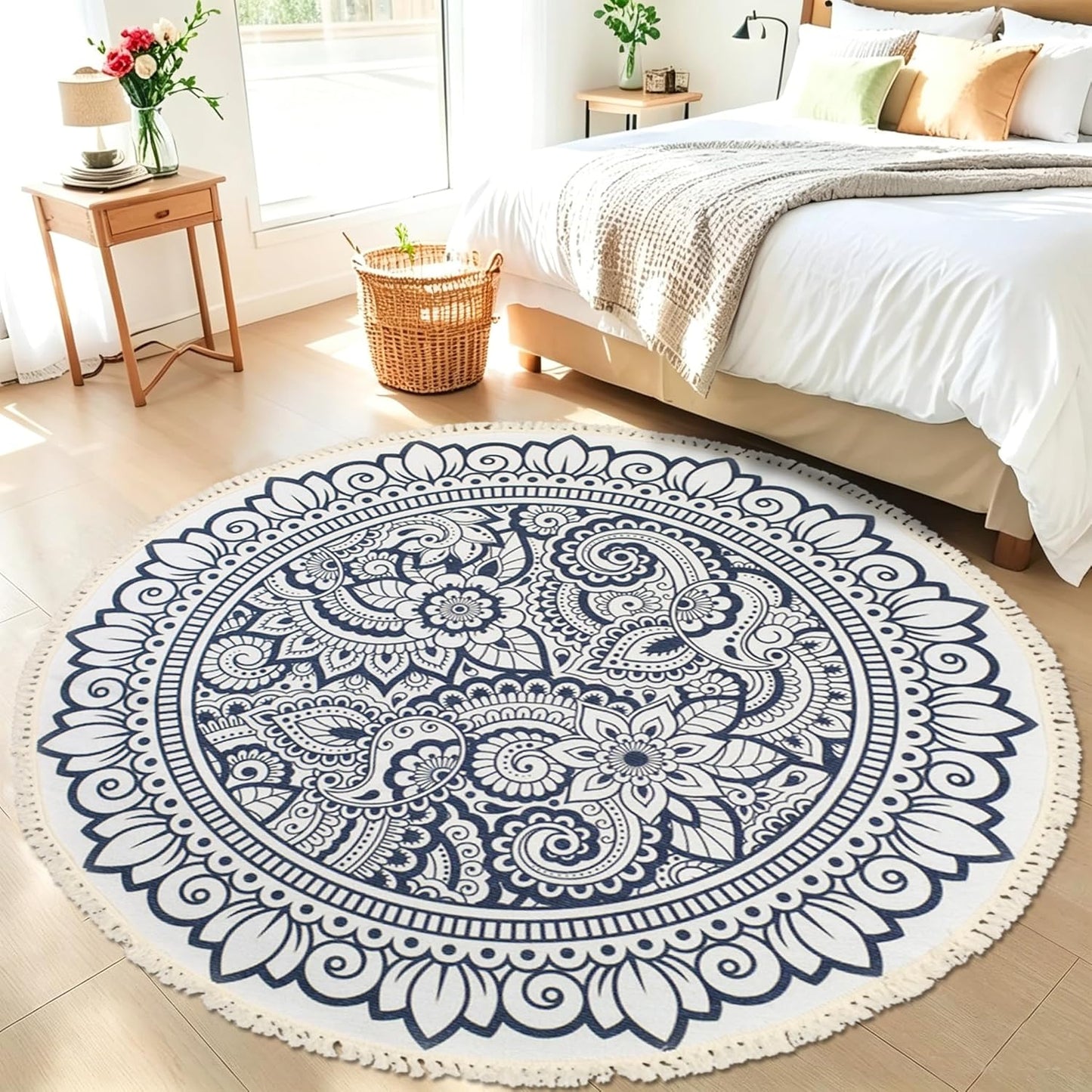 Boho Rug 5Ft Round Bedroom Carpet Circle Nonslip Farmhouse Area Rug Rustic Mandala Floor Mat for Living Room Locker Room Tassel Yoga Throw Rugs Washable Doormat, Purple