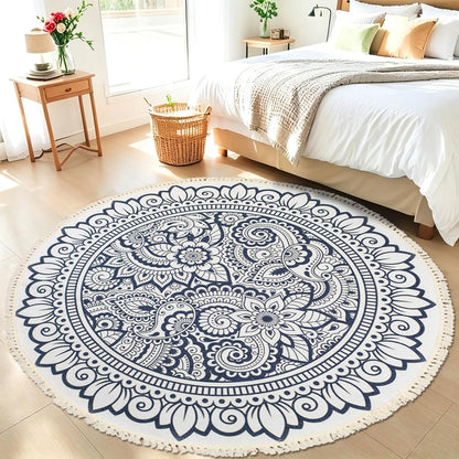 Boho Rug 5Ft Round Bedroom Carpet Circle Nonslip Farmhouse Area Rug Rustic Mandala Floor Mat for Living Room Locker Room Tassel Yoga Throw Rugs Washable Doormat, Purple