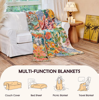 Boho Throw Blanket - 100% Cotton Soft Summer Throw Blanket for Bed, 50"x60" Reversible Breathable Lightweight Blankets, All Seasons Farmhouse Decor Floral Plant Butterfly Throw Quilt