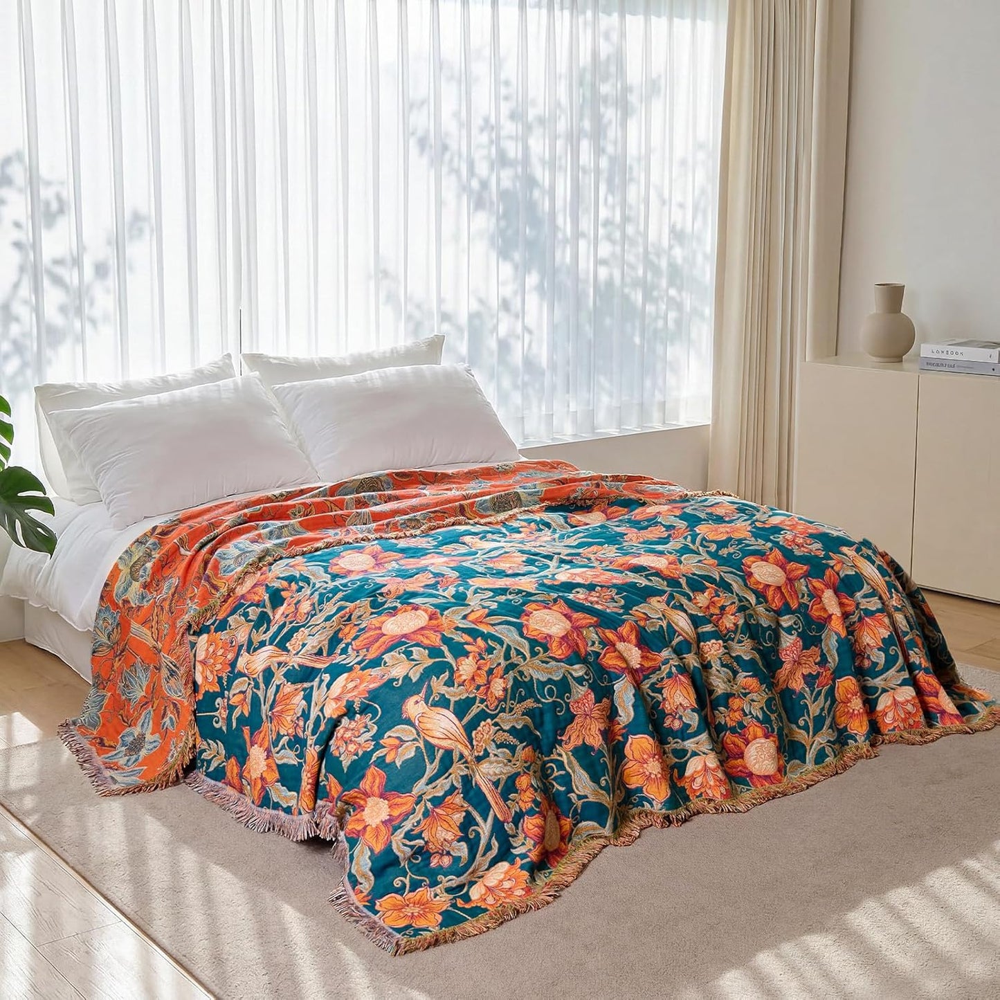 Boho Throw Blanket - 100% Cotton Soft Summer Throw Blanket for Bed, 50"x60" Reversible Breathable Lightweight Blankets, All Seasons Farmhouse Decor Floral Plant Butterfly Throw Quilt