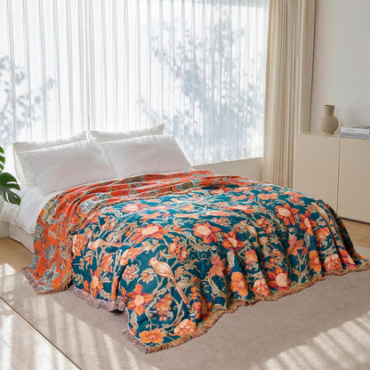 Boho Throw Blanket - 100% Cotton Soft Summer Throw Blanket for Bed, 50"x60" Reversible Breathable Lightweight Blankets, All Seasons Farmhouse Decor Floral Plant Butterfly Throw Quilt