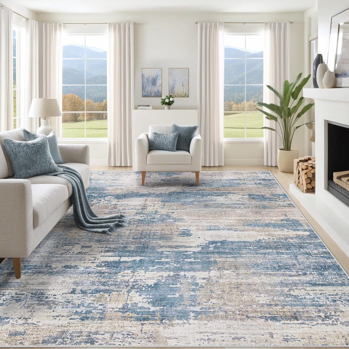 XLUEZ 8x10 Area Rugs for Living Room, Washable Modern Abstract Large Area Rug Neutral Soft Non Slip Kids Rug Stain Resistant Indoor Carpet for Bedroom Nursery Dining Children's Room(Blue, 8'x10')