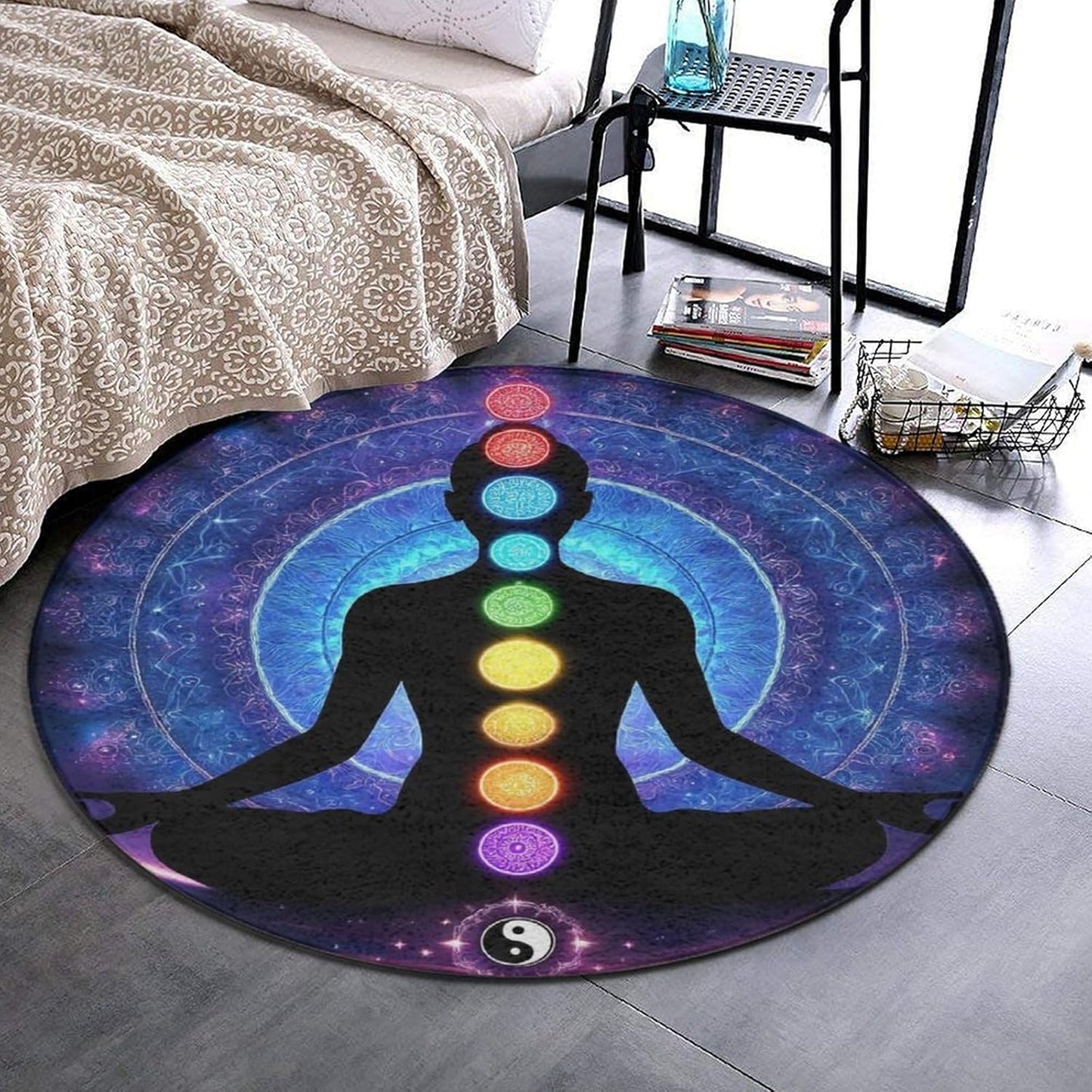 Soft Round Yoga Carpet, Large Home Decor Mat, Non-Slip Machine Washable Kitchen Office Circle Rug Compatible with Cool Norse Viking Vegvisir Runic Compass