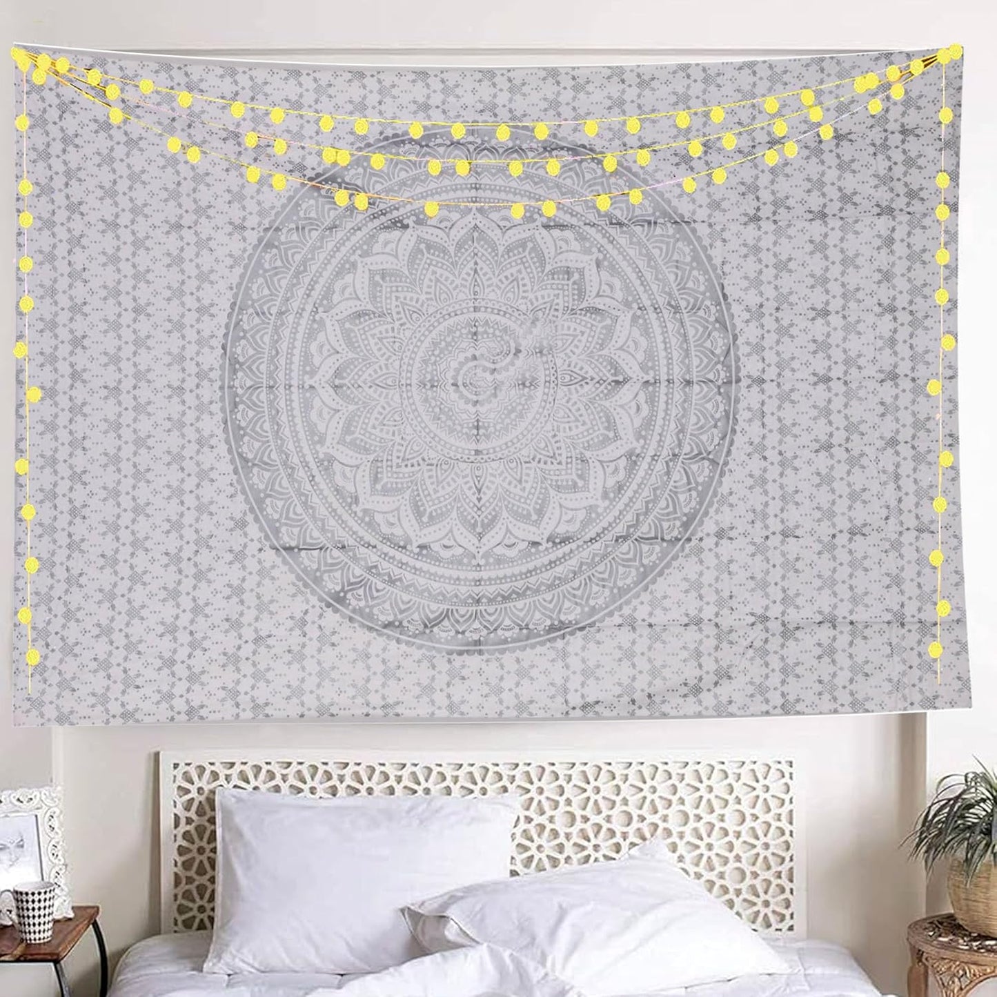 THE ART BOX Original Gold Tapestry Wall Hanging Mandala – Cotton Throw Tapestry – Boho Bedding White and Gold Medium Bedspread 54x60 Inches – Meditation & Yoga Rug Mat