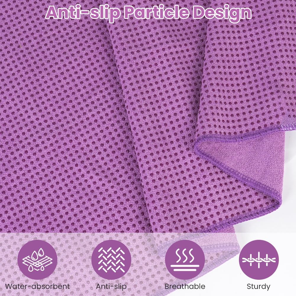 flintronic Yoga Towel, Yoga Mat Towel with Grip Dots, Microfiber Yoga Blanket Towels, Soft & Breathable, with Quick Dry Towels and Mesh Carry Bag, for Bikram, Pilates and Workout, 24" x72", Purple