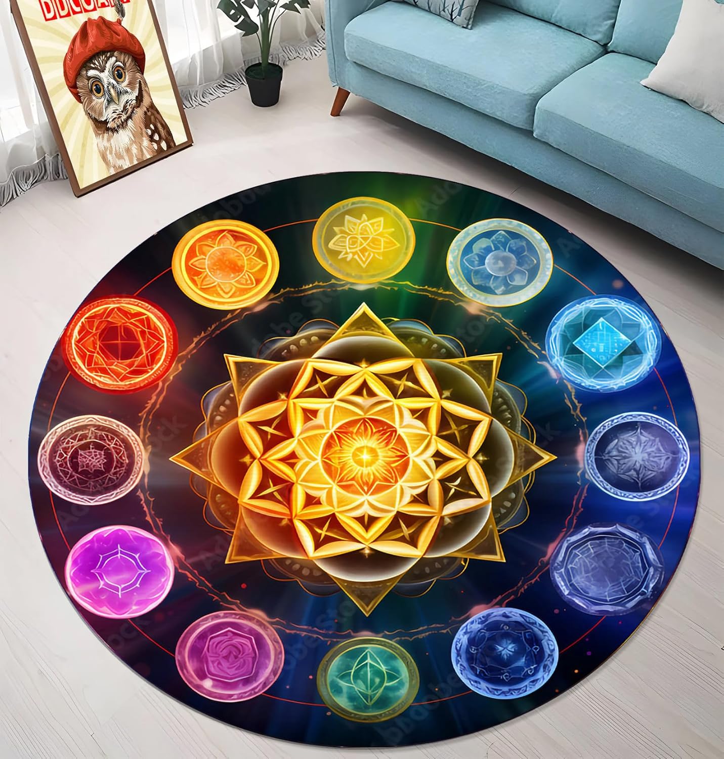 Chakra Round Area Rug, Non-Slip Meditation & Yoga Carpet for Living Room, Meditation Round Area Rugs, Modern Circular Bedroom Rug 57