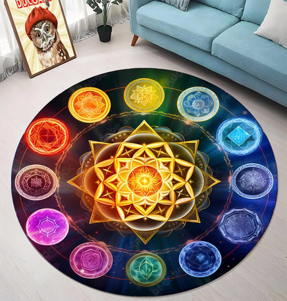 Chakra Round Area Rug, Non-Slip Meditation & Yoga Carpet for Living Room, Meditation Round Area Rugs, Modern Circular Bedroom Rug 57