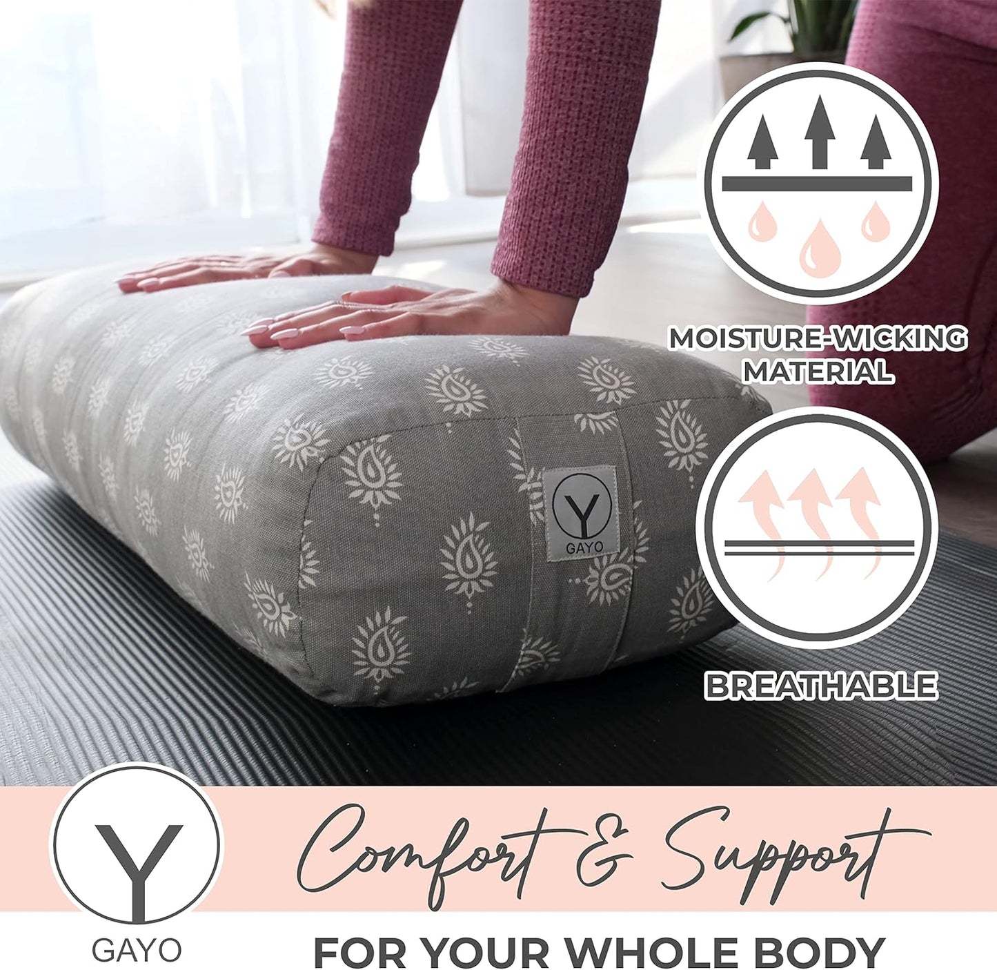 Y O GAYO Yoga Bolster - Made with 100% Cotton, Yoga Pillow Set Includes Extra Washable Cover and Carry Bag