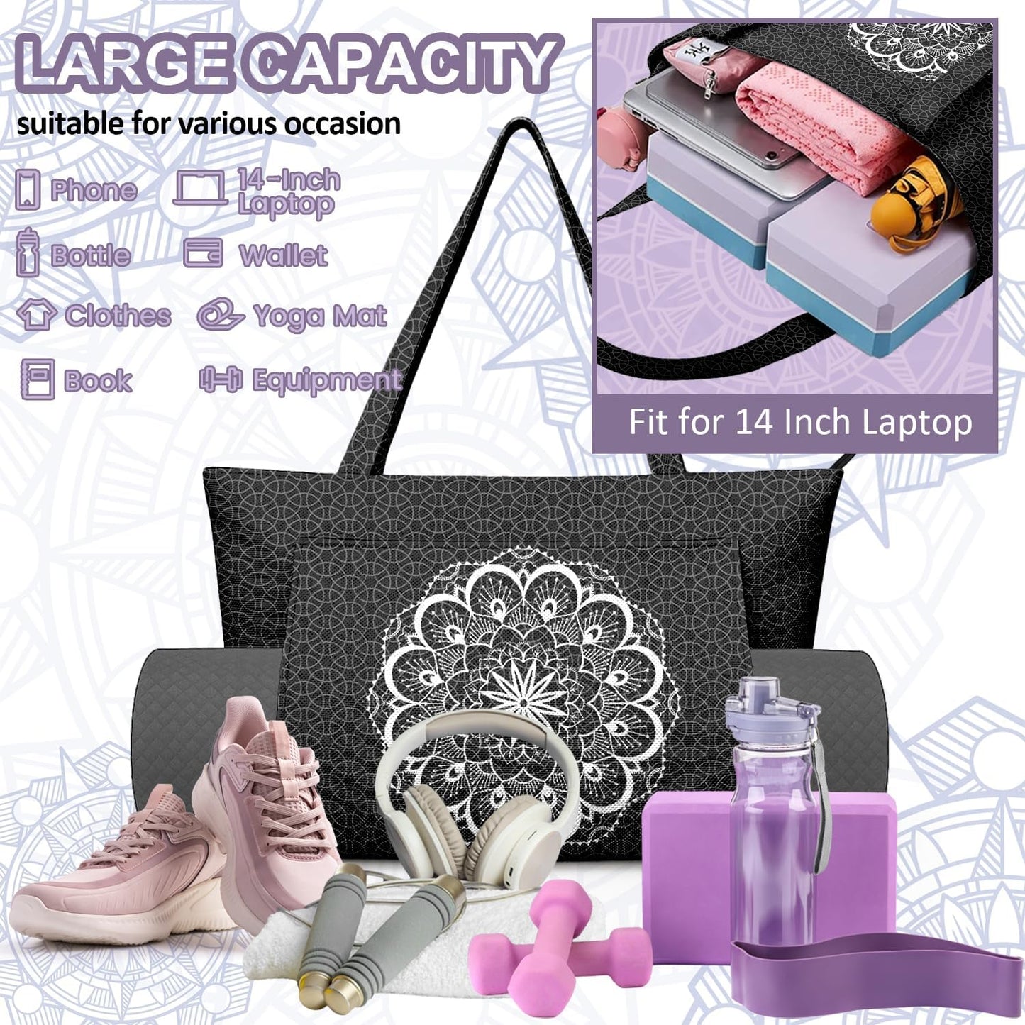 Yoga Bag for Women, Large Canvas Yoga Mat Tote Bag with Yoga Mat Carrier - Large Mat Pocket Fitness Tote for Pilates, Gym, Travel, Office & Beach
