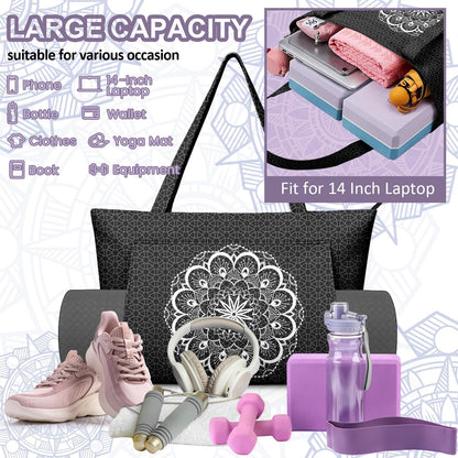 Yoga Bag for Women, Large Canvas Yoga Mat Tote Bag with Yoga Mat Carrier - Large Mat Pocket Fitness Tote for Pilates, Gym, Travel, Office & Beach