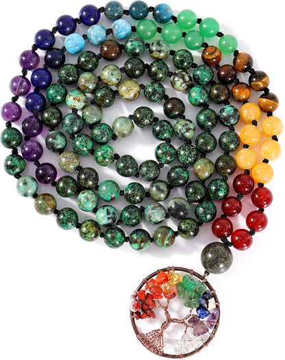 Bivei 108 Mala Beads Necklace Life Tree 7 Chakra Wrap Bracelet Real Healing Gemstone Yoga Meditation Hand Knotted Mala Prayer Bead Necklace
