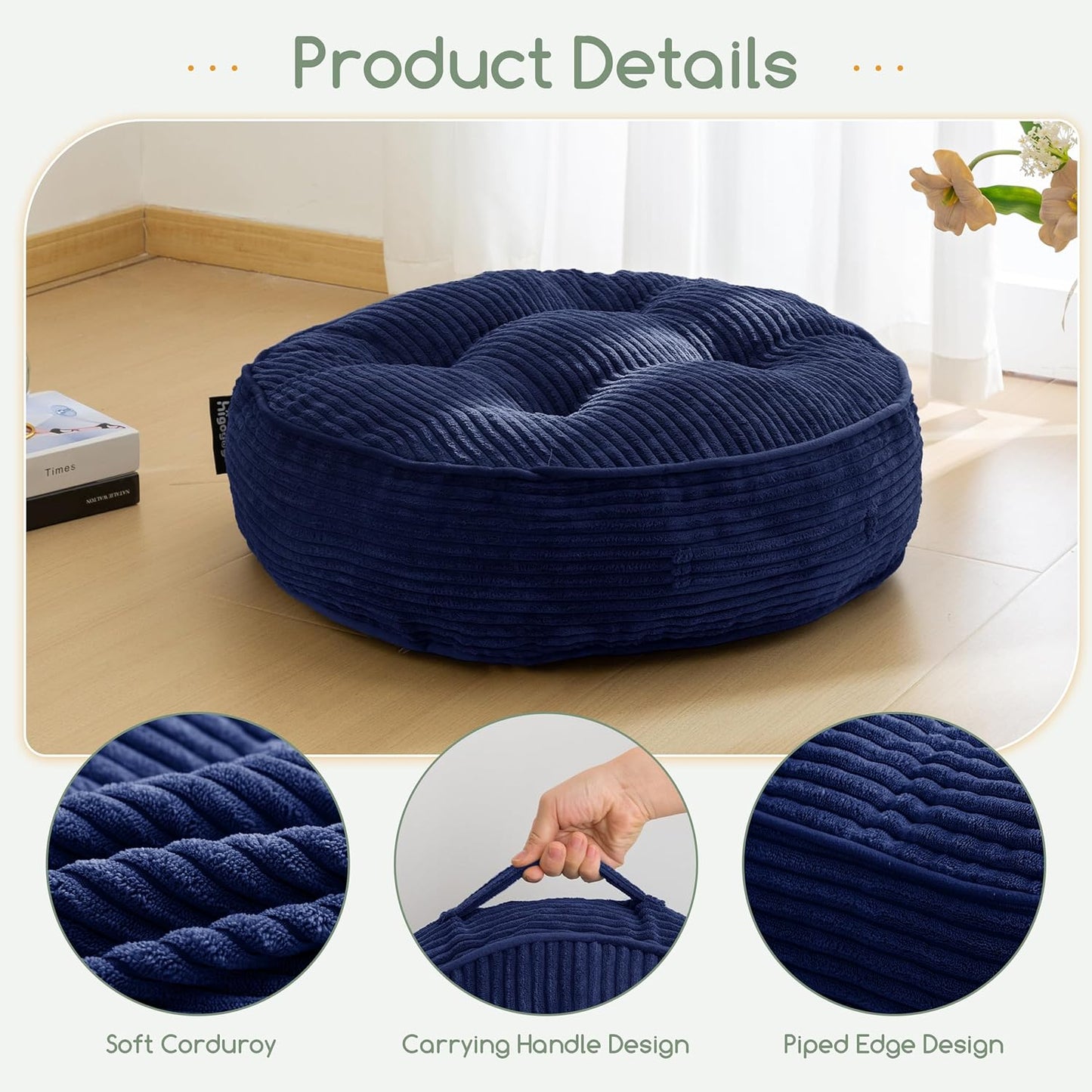 HIGOGOGO Floor Pillow Cushion for Adults, Meditation Cushion Pillow, Large Square Floor Sitting, Tufted Corduroy Cover, for Tatami Living Room or Yoga, 22x22 Inch, Dark Grey
