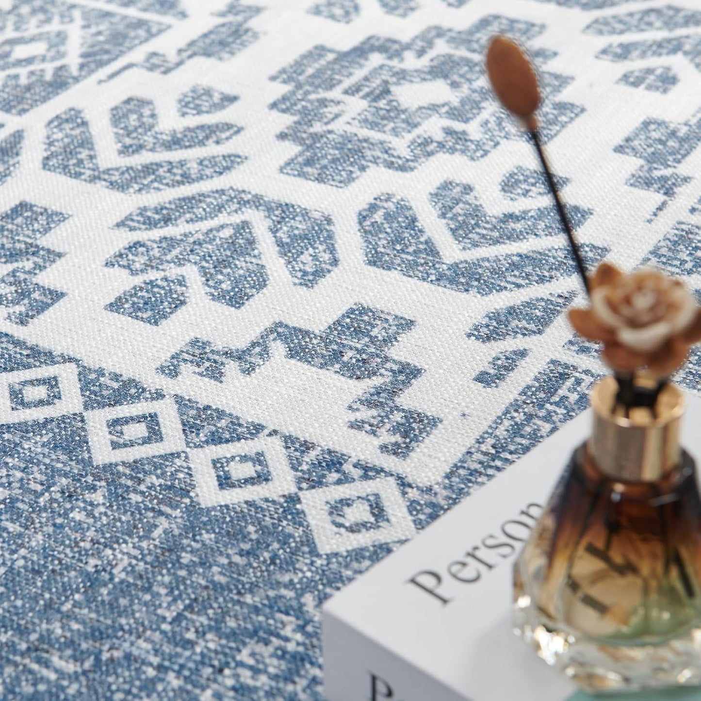 jinchan Area Rug 4x6 Ultra-Thin Washable Vintage Boho Geometric Entryway Rug Non-Slip Non-Shedding Carpet for Living Room Bedroom Blue Ivory