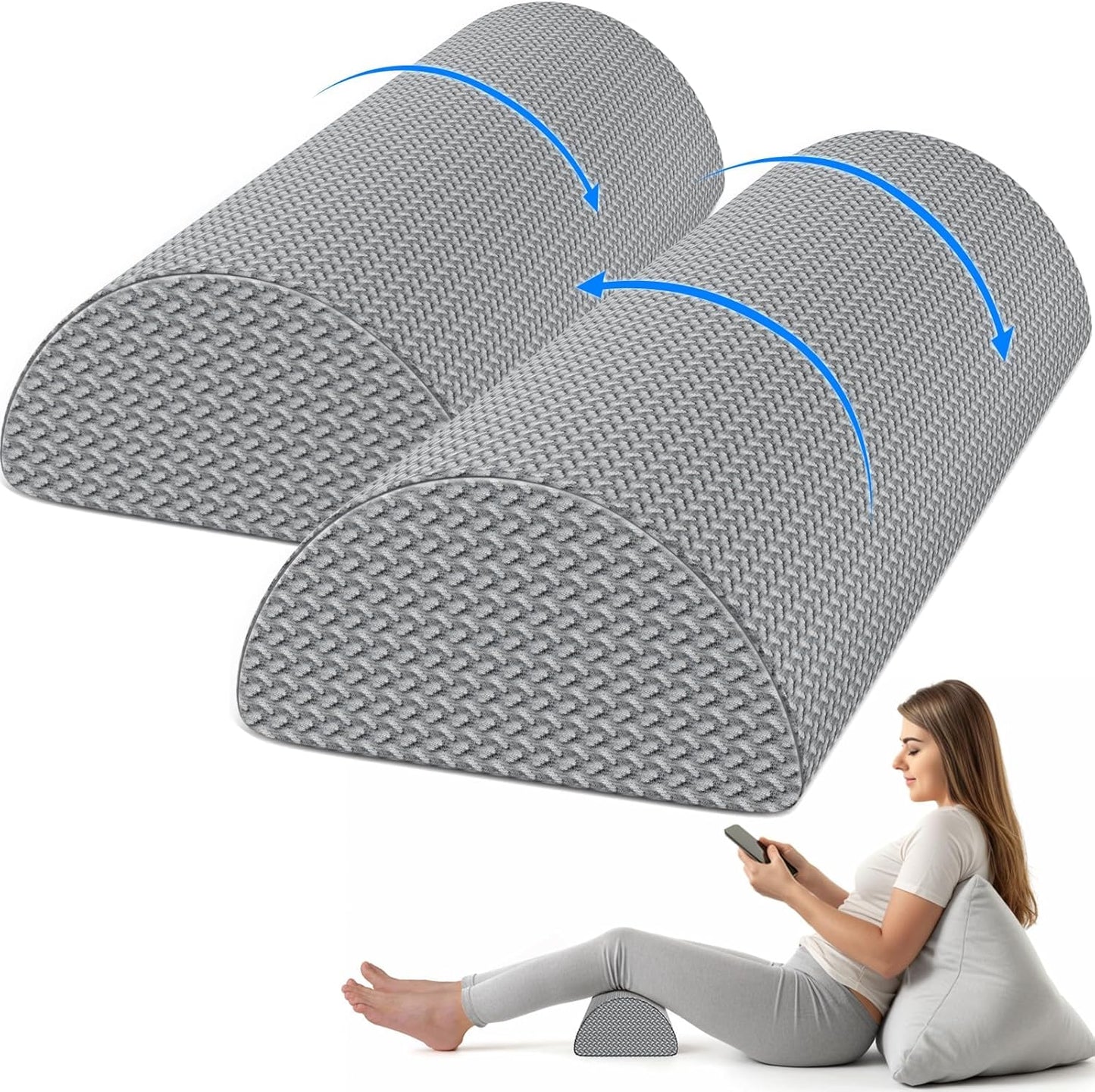 TranquilRelax Knee Pillow for Back Sleeping Memory Foam Half Moon Bolster Pillow for Legs, Under Knee Support, Ankle & Foot Comfort Orthopedic Pillow for Side Sleepers (Grey, 20.4" x 8" x 4.9")