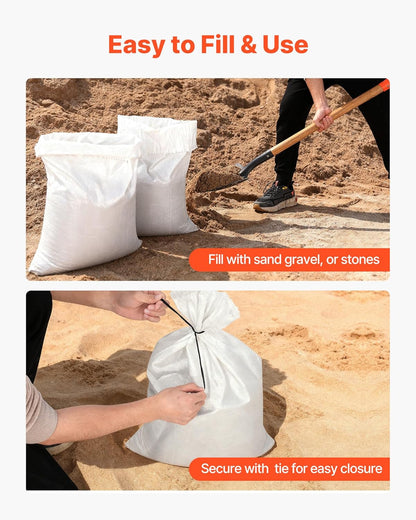 VEVOR Heavy Duty Sand Bags, 50Pack 14" x 26", Empty Sandbags for Flooding with Tie Strings, Woven Polypropylene Sand Bag with 1600 Hours of UV Protection, 50Lbs Capacity