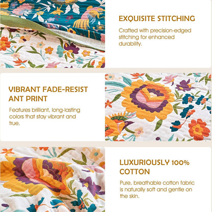 Boho Throw Blanket - 100% Cotton Soft Summer Throw Blanket for Bed, 50"x60" Reversible Breathable Lightweight Blankets, All Seasons Farmhouse Decor Floral Plant Butterfly Throw Quilt