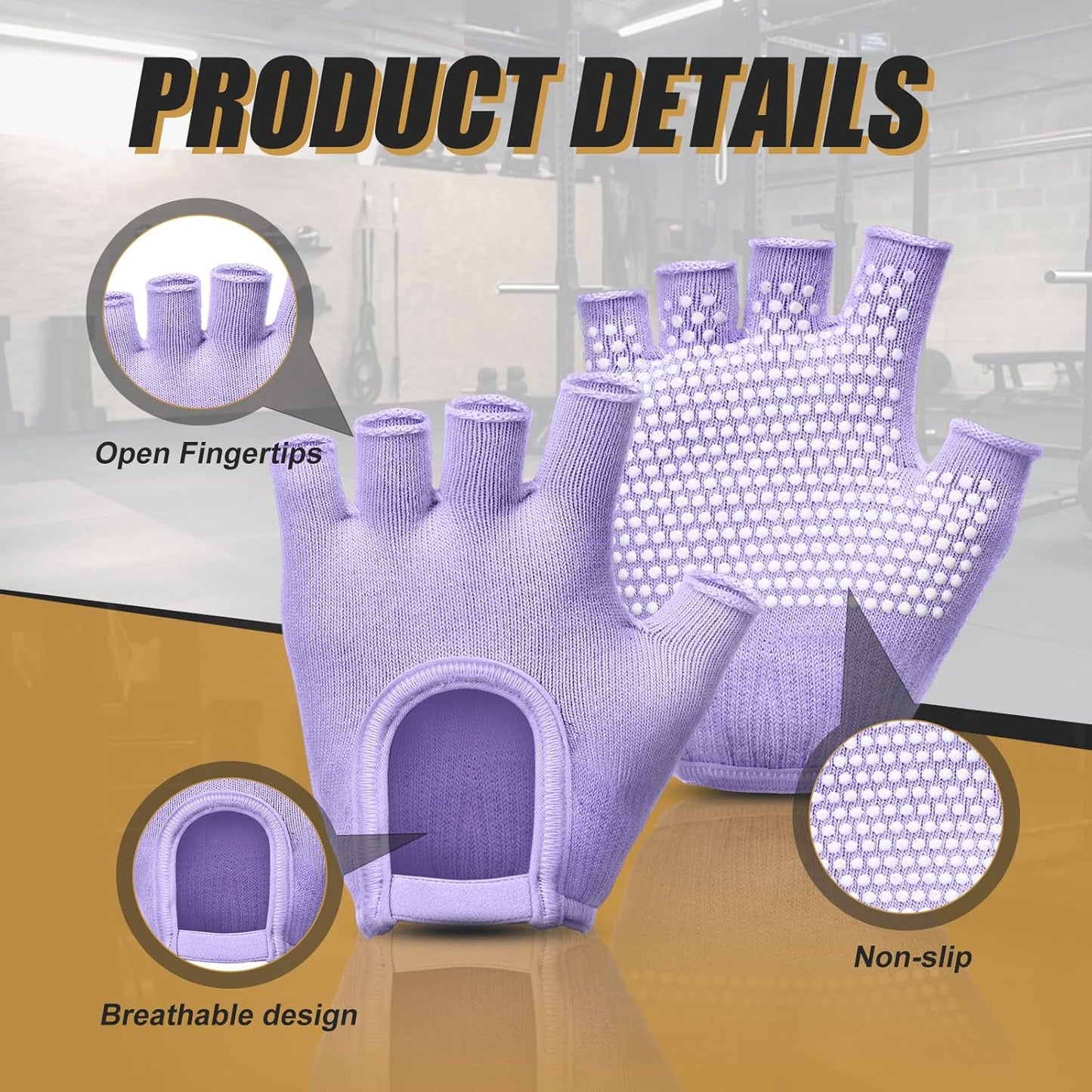 Shyyween 3 Pairs Silicone Grip Yoga Gloves Non Slip Fingerless Pilates Gym Workout Gloves for Women Men, One Size Fits Most, Comfortable and Breathable