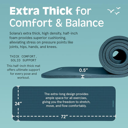 Retrospec Solana Yoga Mat Thick 1/2in Non-Slip Workout Mat with Nylon Strap - 72x24in Exercise Mat for Pilates, Stretching & Fitness - BPA Free, Easy Clean