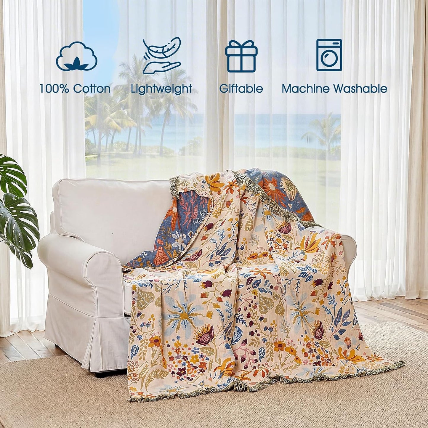 Boho Throw Blanket - 100% Cotton Soft Summer Throw Blanket for Bed, 50"x60" Reversible Breathable Lightweight Blankets, All Seasons Farmhouse Decor Floral Plant Butterfly Throw Quilt