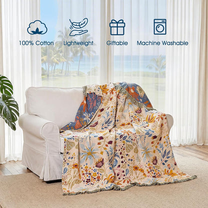 Boho Throw Blanket - 100% Cotton Soft Summer Throw Blanket for Bed, 50"x60" Reversible Breathable Lightweight Blankets, All Seasons Farmhouse Decor Floral Plant Butterfly Throw Quilt