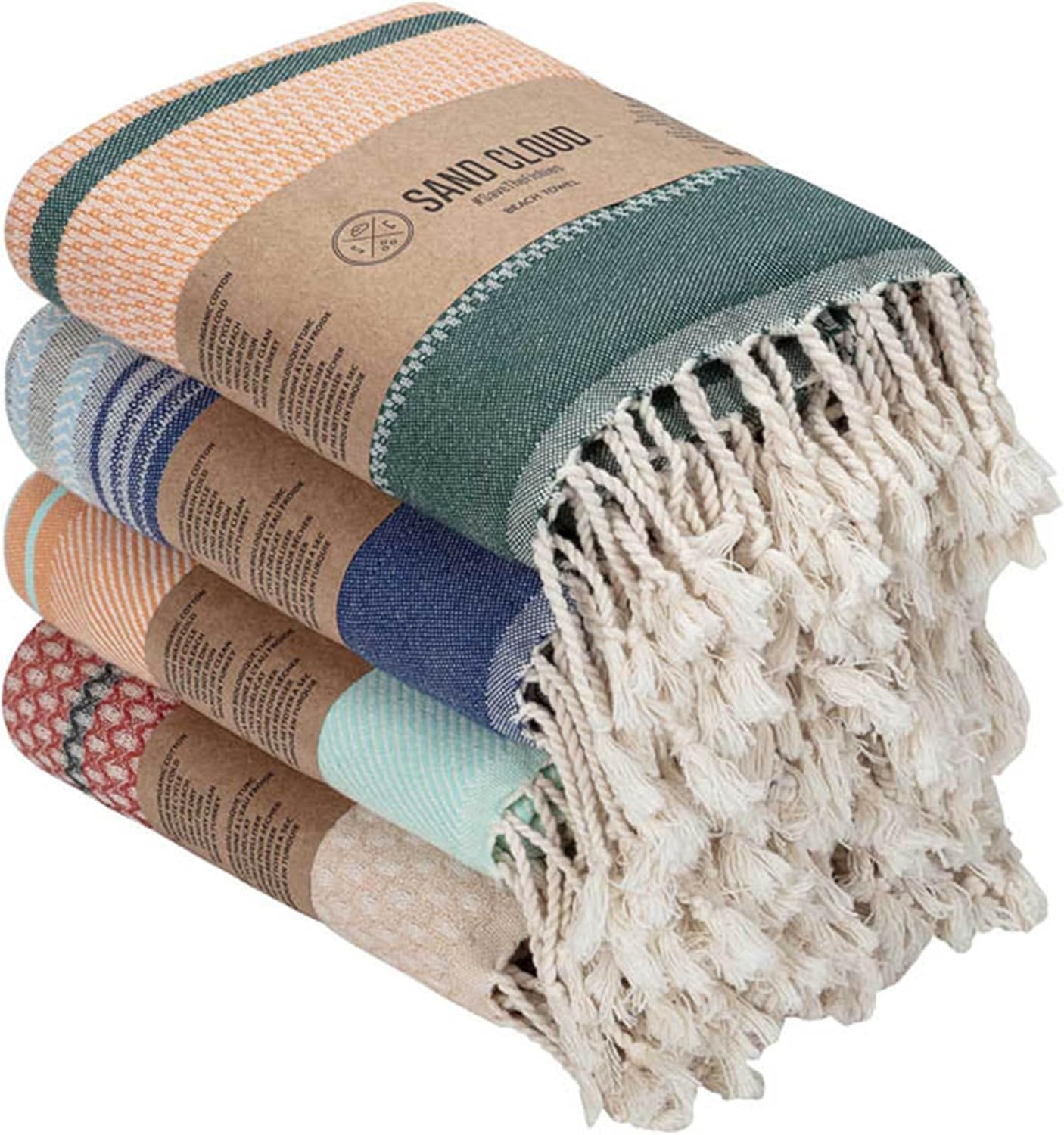 Sand Cloud Turkish Beach Towel - 100% Organic Cotton Turkish Bath Towels - Ultra Soft, Sand Resistant & Quick Dry Towel for Beach or Pool - As Seen on Shark Tank - Cali Dobby (4 Pack Assorted)