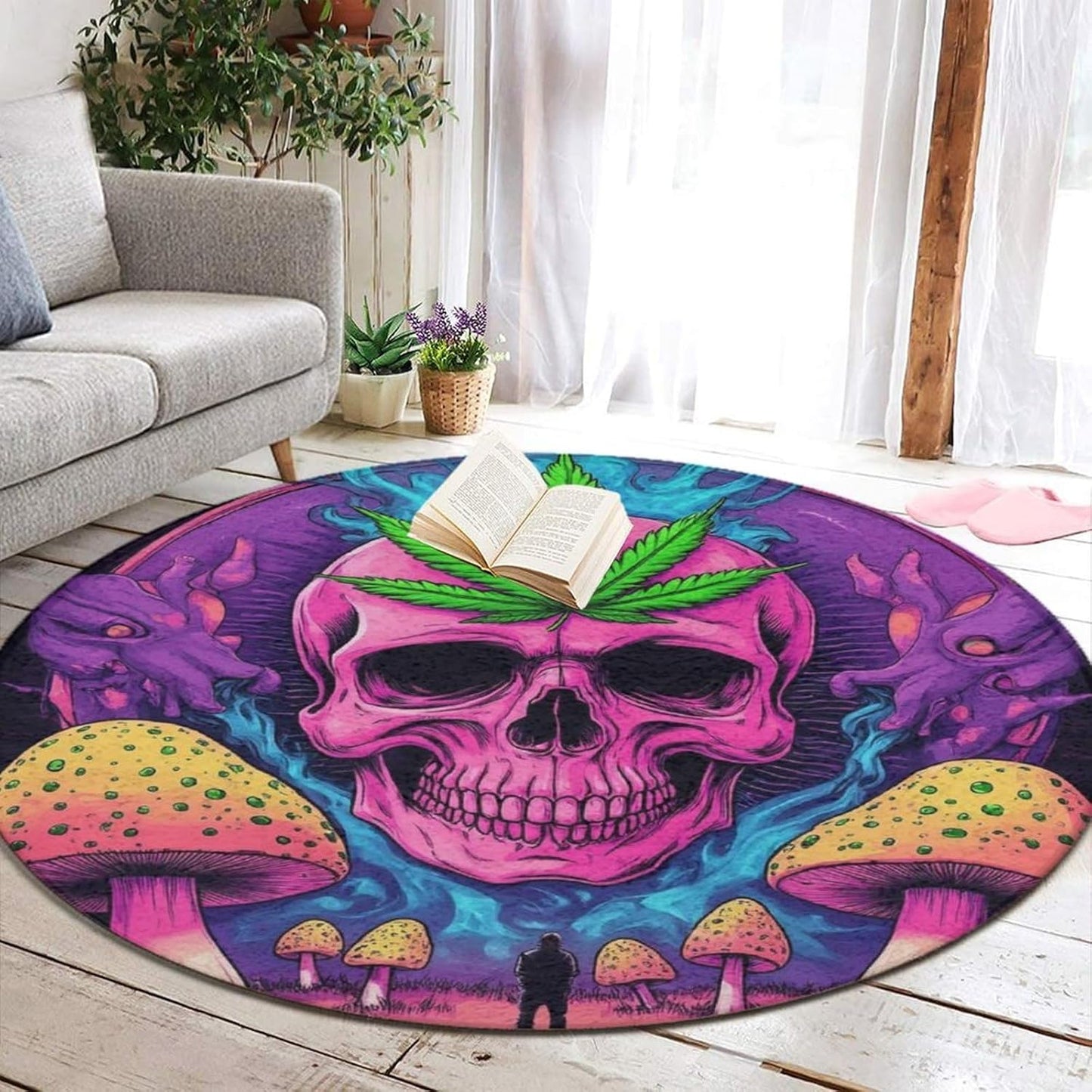 Machine Washable Modern Round Area Rug, Room Sofa Yoga Soft Round Carpet, Home Decor Non Slip Kitchen Office Circle Rug Trippy Rainbow Mushroom Tie Dye Art, 60inch
