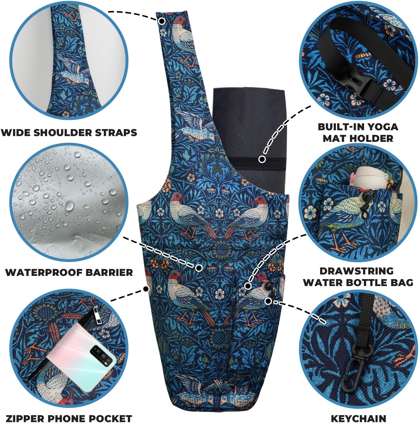 Yoga Mat Bag Carrier for Women Workout Large Waterproof with Zipper Pocket, Keychain and Wide Shoulder Straps