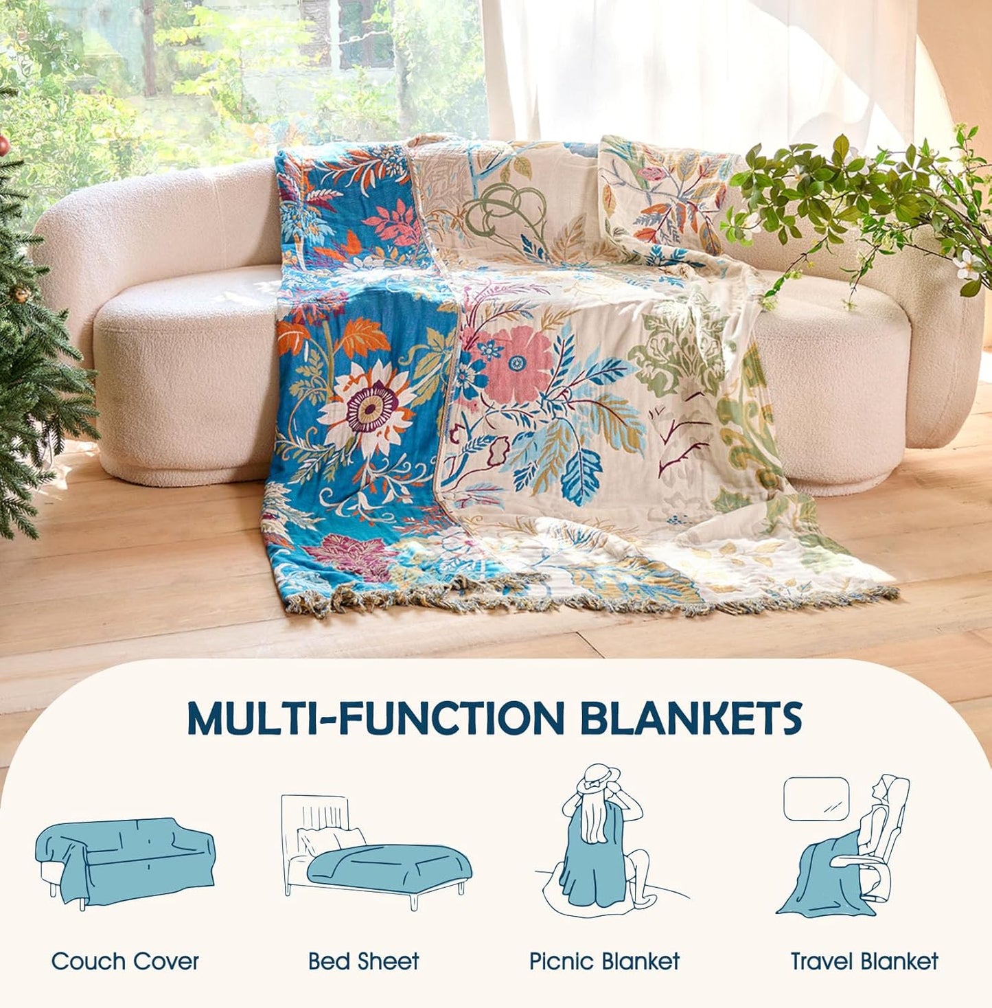 Boho Throw Blanket - 100% Cotton Soft Summer Throw Blanket for Bed, 50"x60" Reversible Breathable Lightweight Blankets, All Seasons Farmhouse Decor Floral Plant Butterfly Throw Quilt