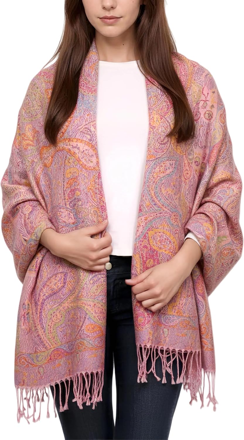 Achillea Reversible Paisley Pashmina Rave Scarf – Exotic Indian Shawls and Wraps for Evening Dresses, Festivals, All Seasons - Colors B