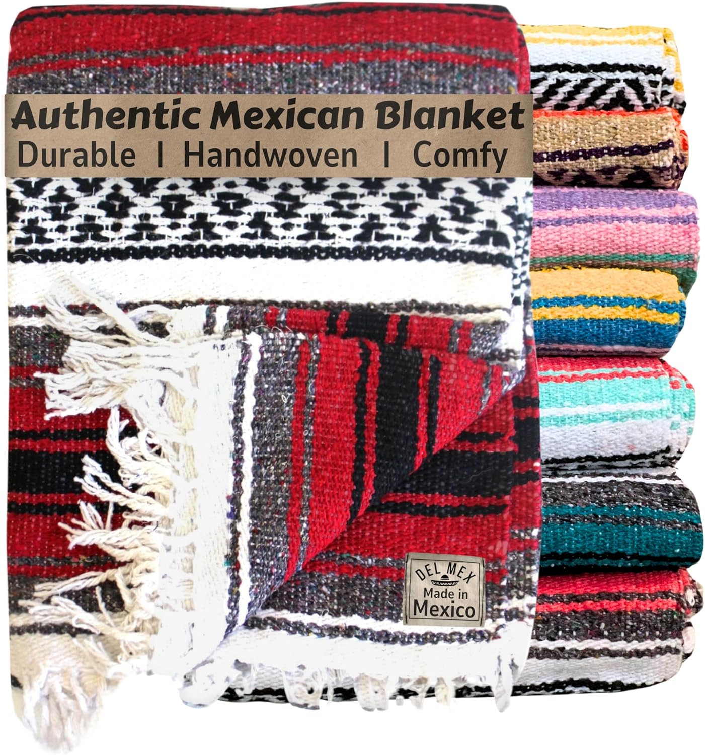 Del Mex Classic Mexican Blanket, Large Authentic Woven Falsa Throw (70"x50"), Artisan Southwest Décor for Beach, Yoga, Outdoors (Lavender)
