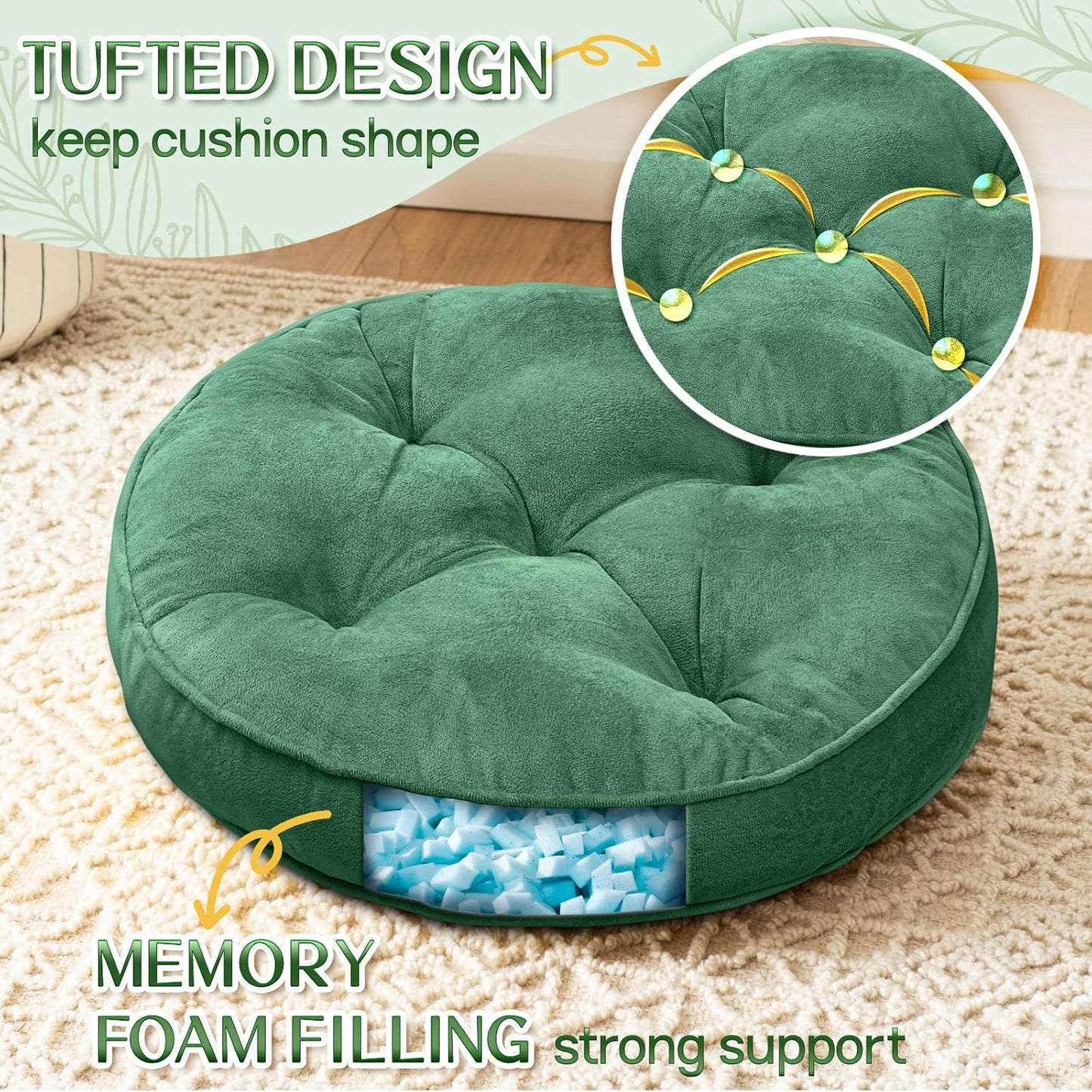 1 MIDDLE ONE Floor Pillow Set of 2, Memory Foam Meditation Cushion, Floor Cushions for Adults Sitting, Large Square Seat Cushions for Yoga, Living Room, 20x20 Inch (Grey)