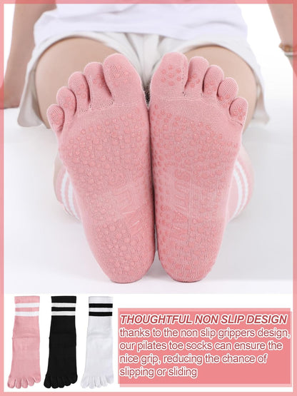 Fourluoo 6 Pairs Women Toe Socks Non Slip Yoga Socks with Grip Men Pilates Toe Socks for Dance Gym