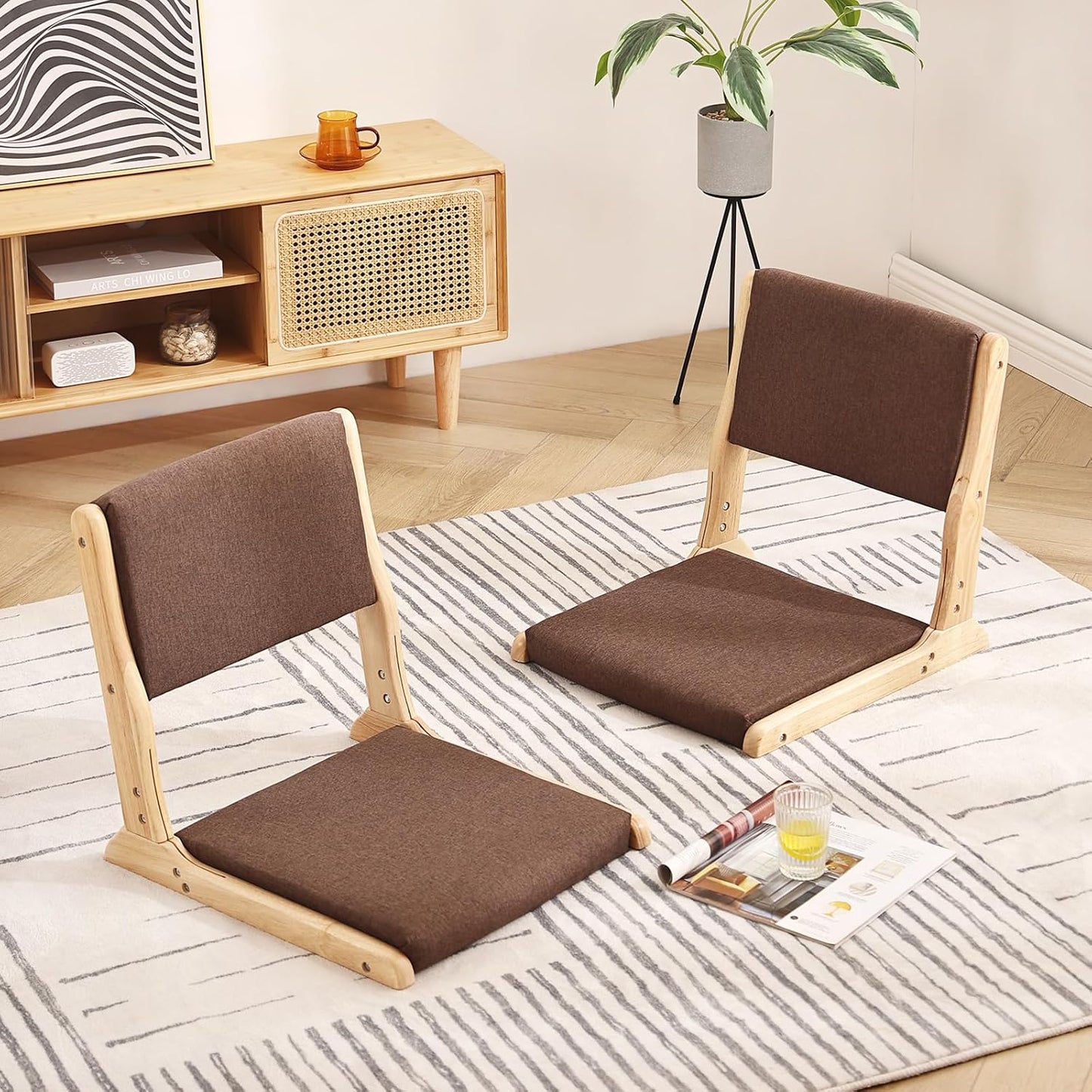 Tiita 2Pcs Floor Games Chair, Foldable Meditation Tatami Chairs, Backrest Chair with Cushion, Living Room Chair Seat, Wood Grey