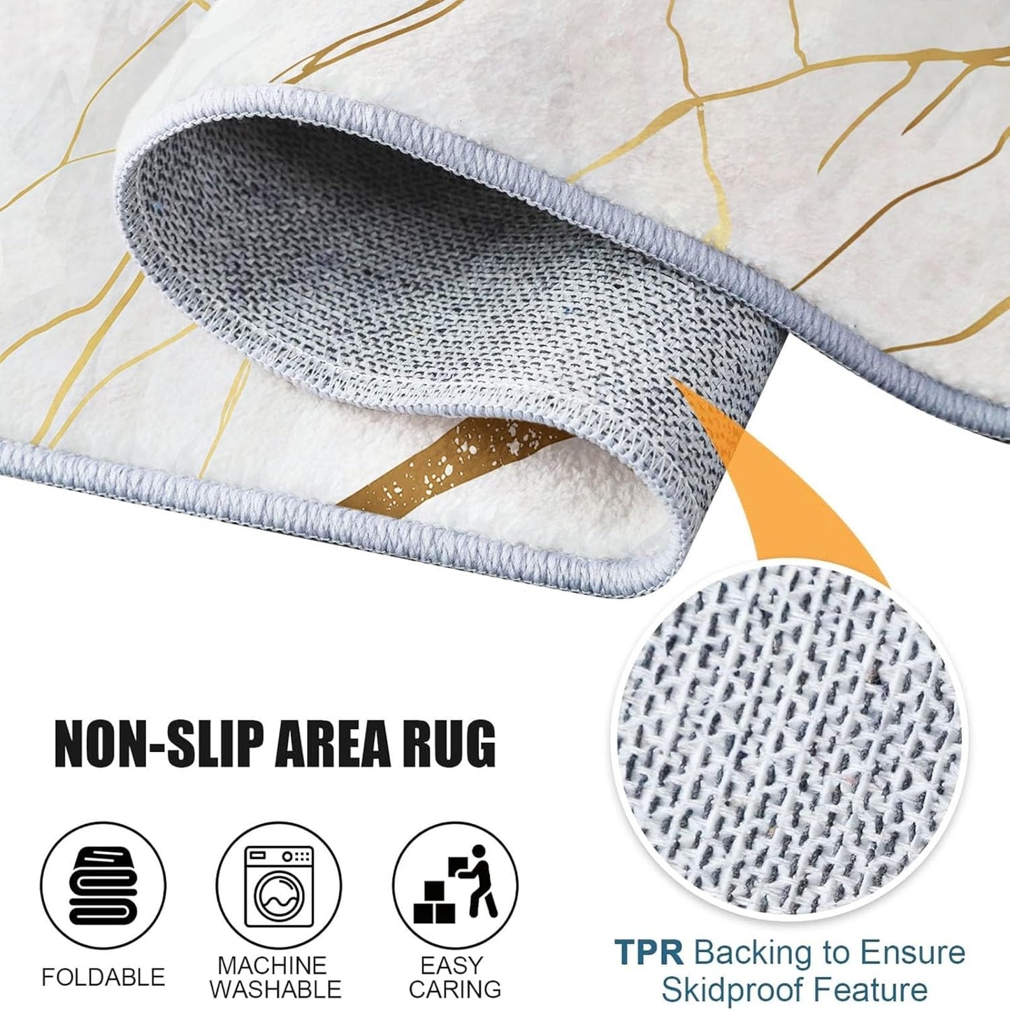 Simple Elegant Style Gold Line Pattern Round Rug 4 ft White Gold Living Room Rug Soft Dining Room Circle Rugs Non Slip Bedroom Mat, Indoor Floor Nursery Carpet for Kitchen Coffee Table Hardwood Floor