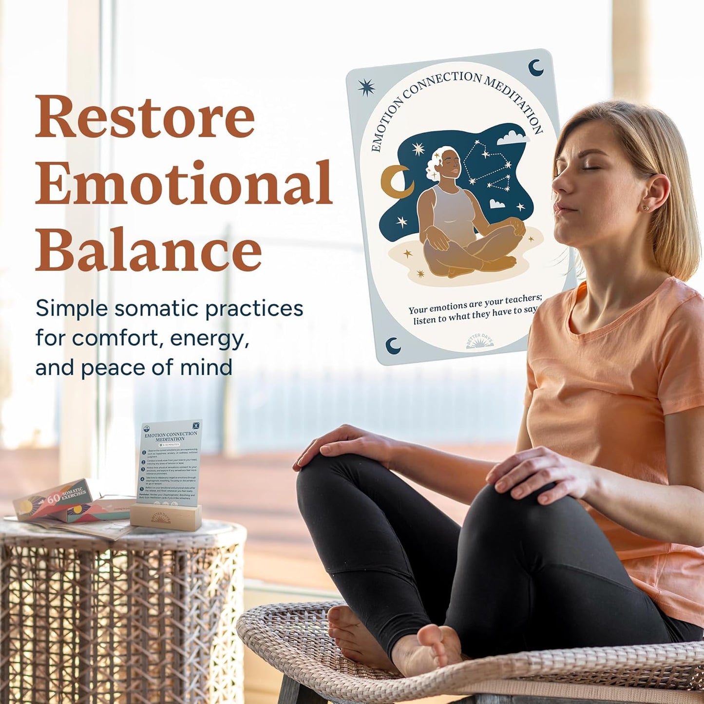 Better Days 60 Somatic Therapy Exercise Cards for Nervous System Regulation – Soothe Stress and Reconnect with Your Body – 3.5” x 5” Cards – Breathwork, Mindfulness, and Gentle Movement Techniques