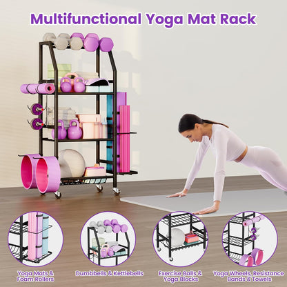 Homeiju Dumbbell Rack, Weight Rack for Home Gym, Yoga Mat Storage Holder with Lockable Wheels, Dumbbell Stand with Hooks, All in One Work out Equipment Storage for Yoga Mat Dumbbell and Balls