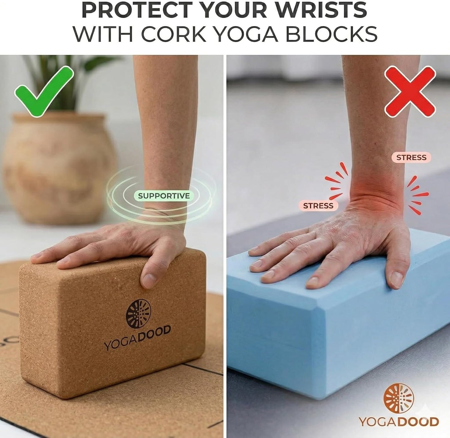 YOGA DOOD Premium Cork Yoga Blocks 2 Pack - Superior Grip & Stability for Enhanced Alignment - Eco-Friendly Biodegradable