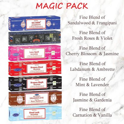 Satya Incense Gift Set Nag Champa, Super hit, Dragon's Blood, Sandalwood, Patchouli, Lavender, Positive Vibes, 15 g