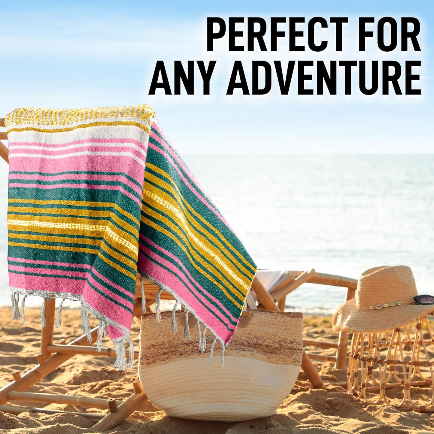 Hydration Nation Authentic Large Handwoven Mexican Blanket - Soft Yoga - Durable Serape - Lightweight Falsa, Beach, Camping, Picnic, Outdoor 70"x50" - Mandarin